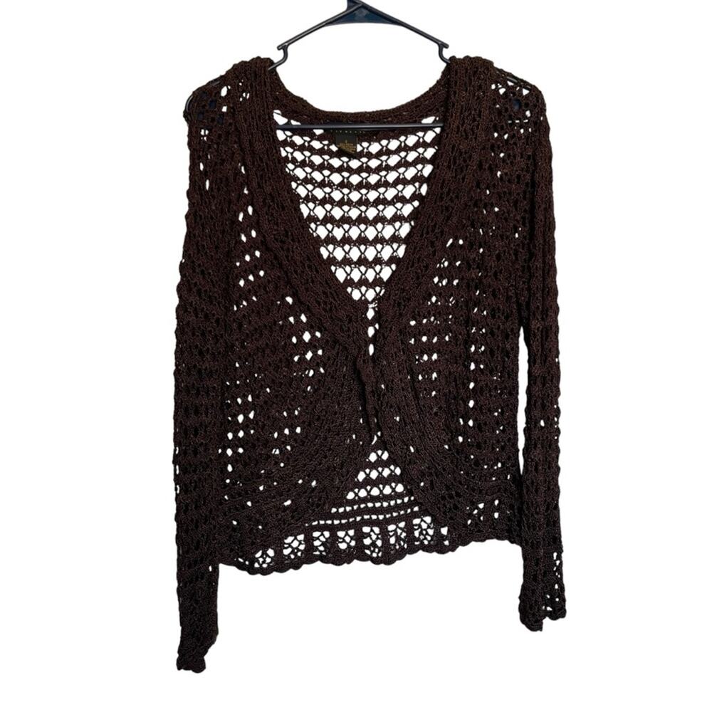 Vintage Grace Elements Chocolate Brown Crochet Knit Flare Sleeve Cardigan Size S